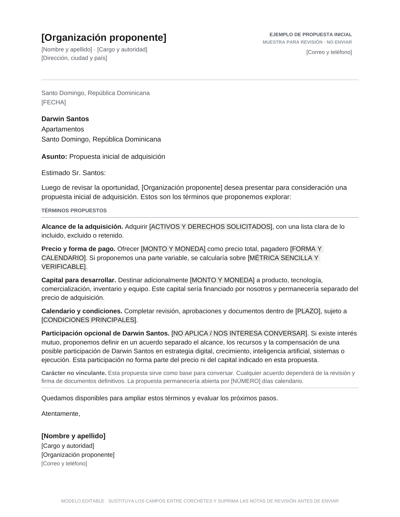 Vista previa de la carta de propuesta de adquisición