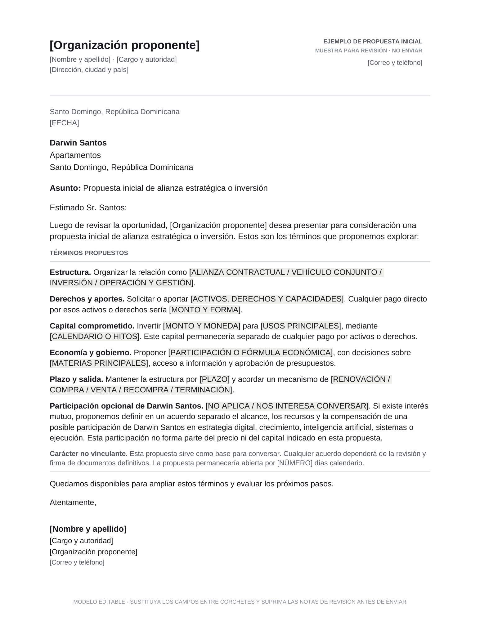 Vista previa de la carta de propuesta de alianza o inversión