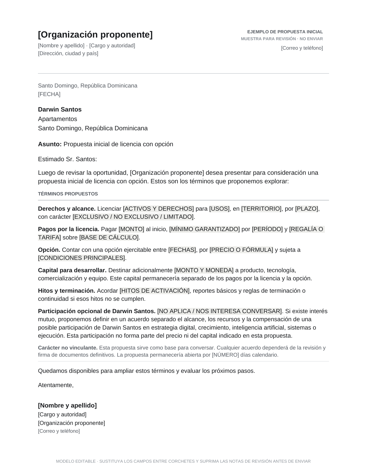 Vista previa de la carta de propuesta de licencia con opción